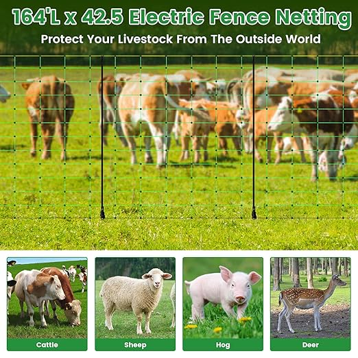 Electric Fence Netting, Portable Livestock Fencing for Sheep, Cattle, Net Fencing Kit with 14 Posts Double Spiked, Movable Poultry Netting for Backyards, Homesteaders, Farms Ranches (164 * 42.5)