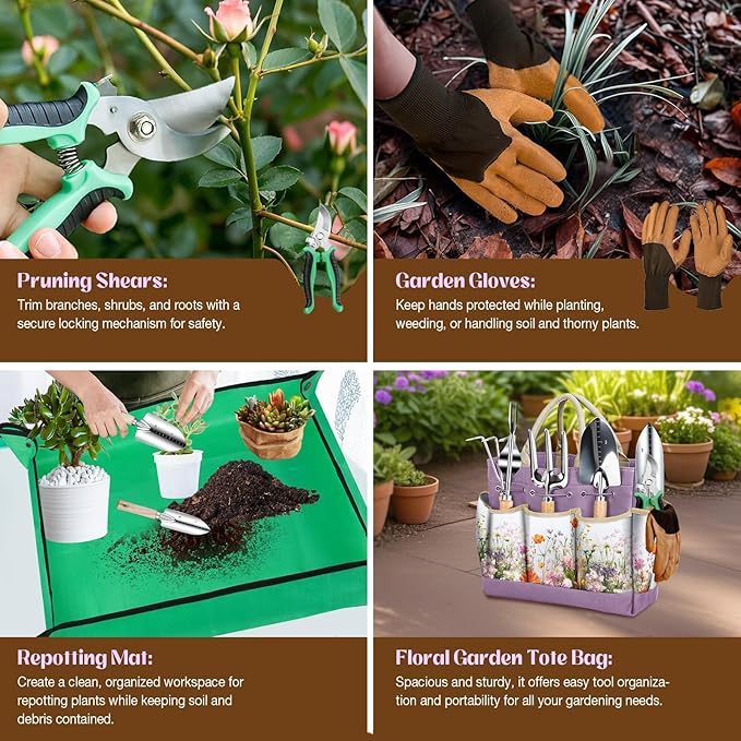 Gardening Tools 9-Piece Heavy-Duty Garden Tools Set, Stainless Steel Garden Hand Tools with Purple Floral Tote Bag and Repotting Mat Garden Supplies Kit Gifts for Women