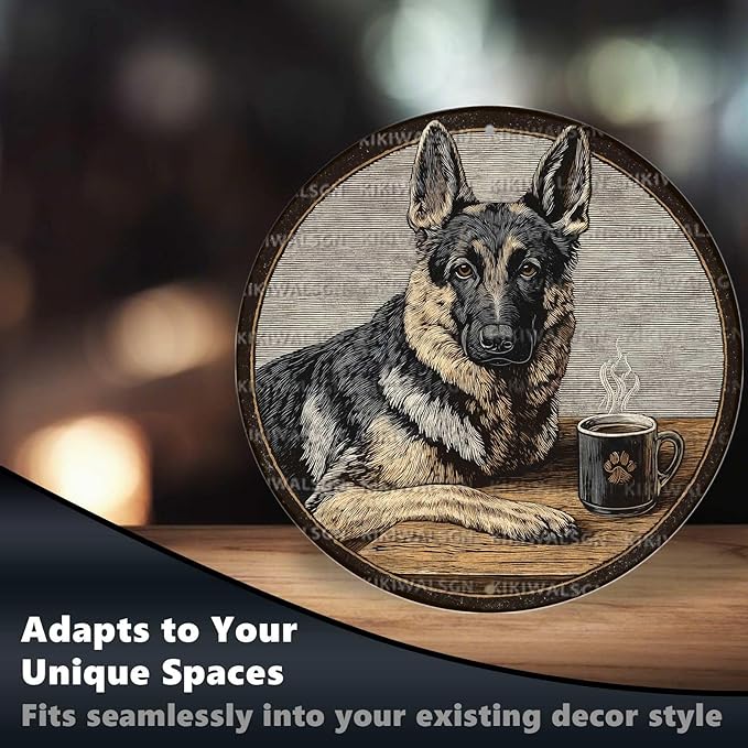 Vintage German Shepherd Dog Round Metal Sign Retro Coffee Tin Sign Nostalgic Dog Lovers Wall Decor Decorations for Home Bedroom Living Room Cafe Bar Man cave Office 12 * 12 In