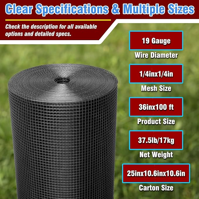 Black Hardware Cloth 1/4inx36inx100ft, 22GA, Chicken Wire Fencing Roll, Black Chicken Wire Mesh, Vinyl PVC Coated Welded Wire Mesh for Chicken Coop Barrier, Rabbit Snake Poultry Fences