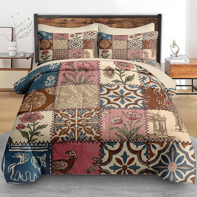 Comforter Set Full Size, Country Plaid Patchwork 7 Pcs Bedding for Kids and Adults, Flower Geometric Retro Bed Sheet Sets with Fitted Sheet 2 Pillowcases & 2 Shams for Bedroom Bed Decor