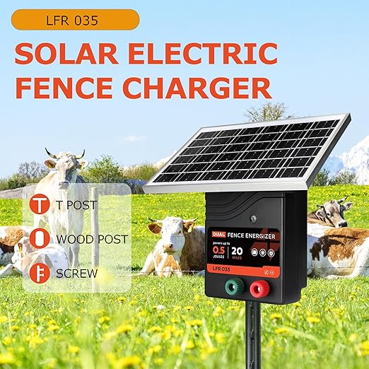 20 Miles Solar Electric Fence Charger, 0.5 Joule Portable Solar Fence Charger, Solar Electric Fence Kit, with 10W Solar Panel