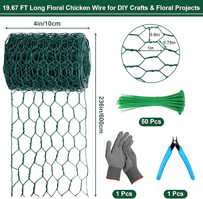 Floral Chicken Mesh for Craft, 4 x 236 Inch Galvanized Hexagonal Netting Roll, Lightweight Garden Poultry Fence for Coop & Rabbit, Metal Mesh Kit with Gloves, Ties and Plier