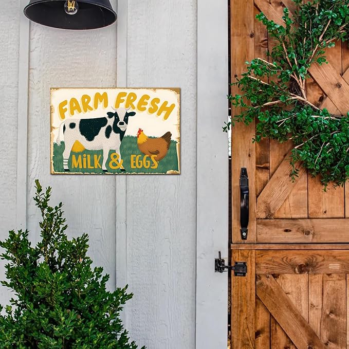 Vintage Metal Sign Farm Fresh Tin Sign Cow Chicken Milk and Eggs Rustic Decor Funny Metal Wall Art Painting Home Kitchen Farmhouse Ranch Zoo Cave Wall Decor Retro Decoration 12x8 Inch