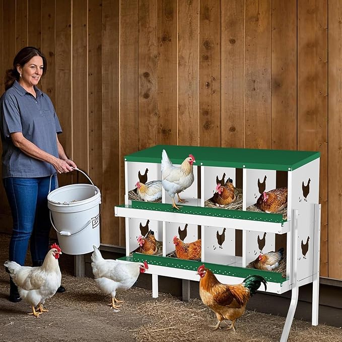 Metal Chicken Nesting Box, 8 Compartments, Rollout Egg Collection, Large Vented Holes, Perch Included, Wall Mount or Free Standing Laying Box for Hens and Chickens - Green with Legs