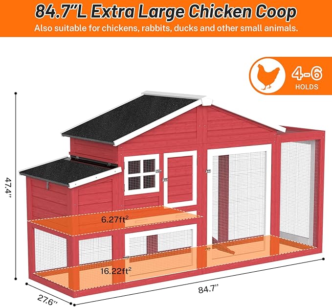 84.7''L Chicken Coop, Large Poultry Cage for 4-6 Chickens, Outdoor Hen House Design with Nesting Box, Weatherproof Roof and Leakproof Pull-on Tray, Easy to Install＆Clean(Red)