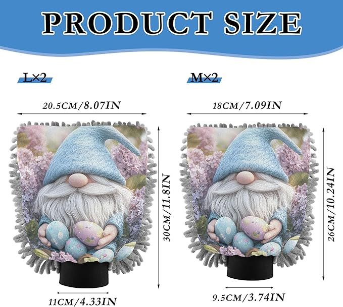 Cute Easter Gnome Colorful Eggs Washing Mitts Car Wash Scratch Free Soft Car Washing Kit Mitts Cleaning Microfiber Absorbent Chenille, Large x 2 Pack