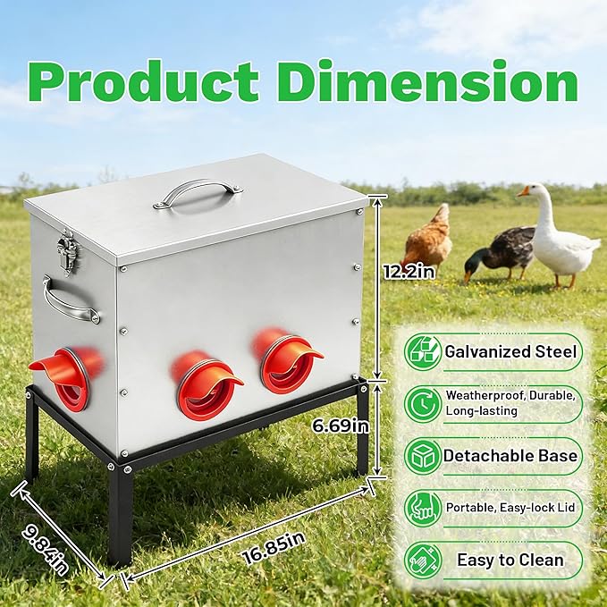 40lb Automatic Chicken Feeder, 6-Port Large Capacity Metal Poultry Feeder, Galvanized Steel Chicken Feeder for Hen Coop