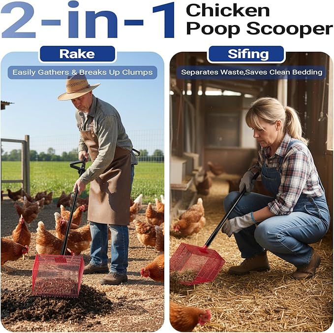Chicken Poop Scooper with 12" Wide Heavy Duty Litter Shovel and Adjustable 25–73" Steel Handle, Multi-Section Detachable Pole Poop Rake for Easy Chicken Coop Cleaning, Durable Metal Accessories