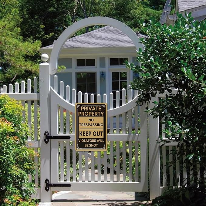 No Trespassing Signs Private Property - Metal Tin Warning Sign for Home Security, Yard, Fence, Funny Keep Out Violators Will Be Shot Signs Decor 8x12 Inch