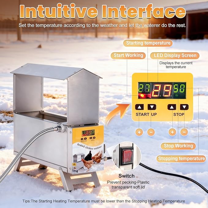 Chicken Waterer Heated 2 Gallon Chicken Water Heater for Winter Stainless Steel Poultry Drinker Heater Anti Freezing Watering Dispenser for Coop, Thermostatically Controlled