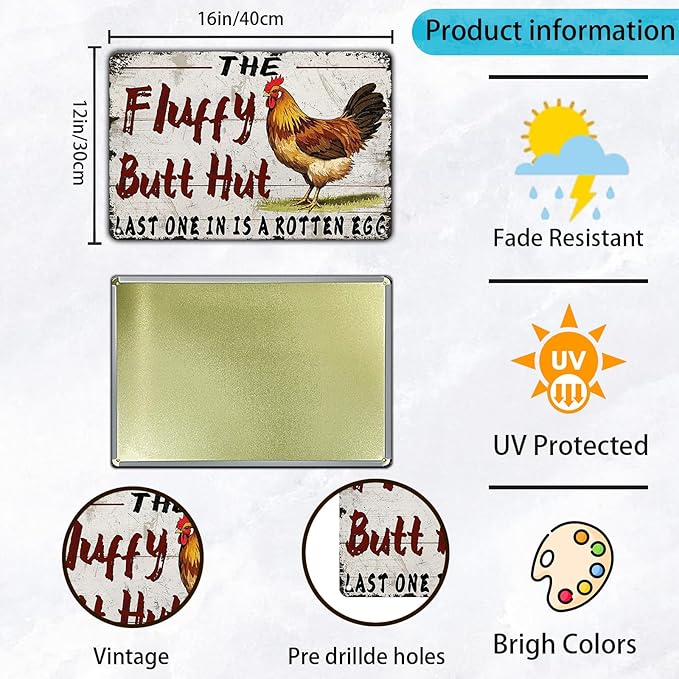 Funny Chicken Coop Metal Tin Sign 12x16 Inch Fluffy Butt Hut Last One In Is A Rotten Egg Chicken Tin Sign Chicken Coop Poster Home Kitchen Garden Bar Restaurant Coffee Are Wall Decor