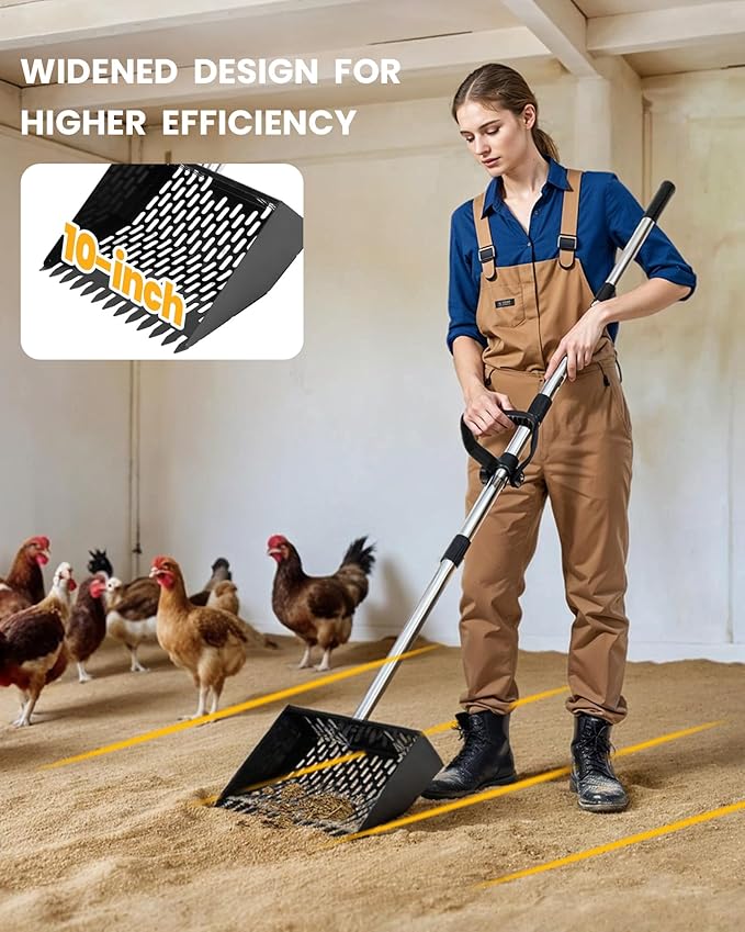 Chicken Poop Scooper & Rake 2-in-1 with Ergonomic Grip, Adjustable Length (22"–61.5"), Metal Sifting Shovel with Holes for Chicken Coop Cleaning, Multifunctional Chicken Manure Scoop