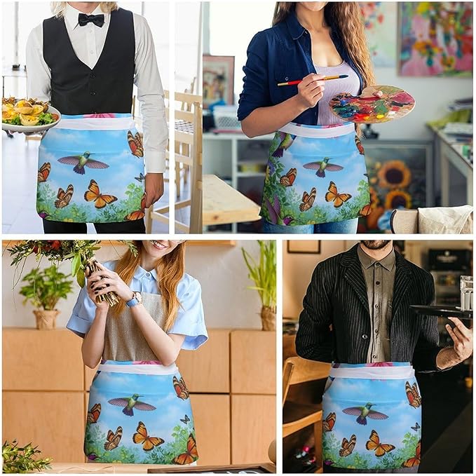 Unisex Chef Waiter Apron Waist Half Short Serving Aprons with 3 Pockets