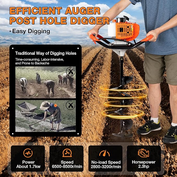 52CC 2-Stroke Post Hole Digger, Ground Drilling Machine Kit with 4"/6/"8" Auger Drill Bits, Fence Earth Auger Digging Machine, Gas Powered Post Hole Digger Set Farm Garden Excavator