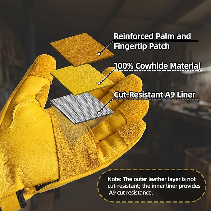 Schwer ANSI A9 Cut Resistant Leather Work Gloves, PM3401 Cut Proof Gloves, Reinforced Fingertips & Palm Cowhide Work Gloves for Construction, Welding, Metalwork, Woodwork & Outdoor Gardening Work, L