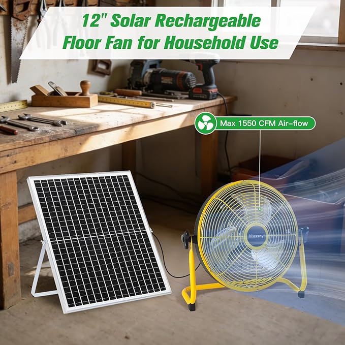 12" Solar Rechargeable Floor Fan for Home Outdoor Camping Gazebo Greenhouse Barn Poultry Pet House Cooling or Air Circulation