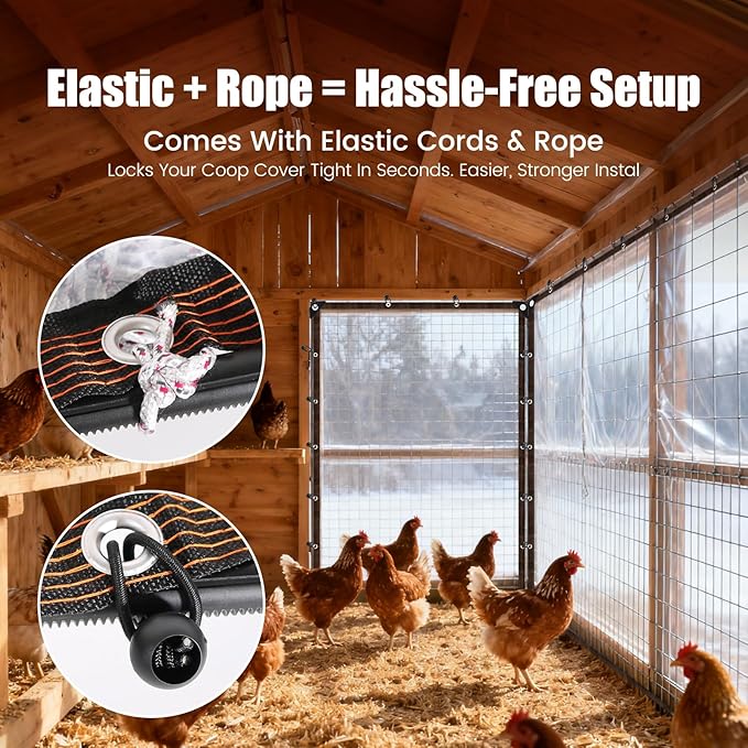 Chicken Coop Cover for Winter, Waterproof Durable Tarp with Elastic Cords Rope, Easy Install for Large Cages Walk-in Runs,Chicken Coop Plastic Wrap for Winter
