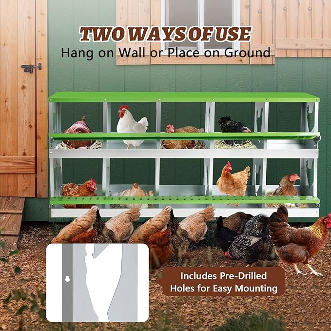 Chicken Nesting Box,Heavy Duty Metal Nest Boxes,10 Hole Roll Away Nesting Boxes,with Large Vented Holes,Wall-Mountable Chicken Coop Nesting Boxes,for Chickens,Ducks,Large Egg Boxes (Green 10 Hole)