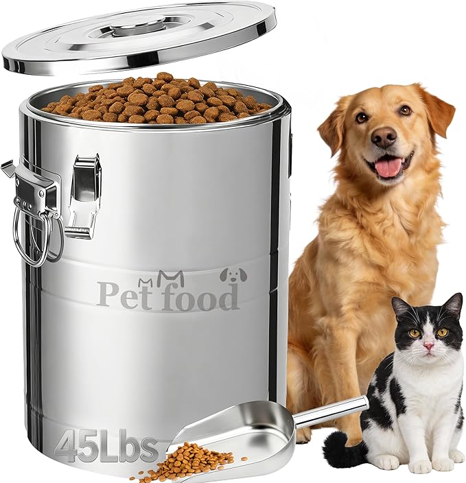 Newget 45 Lbs Stainless Steel Dog Food Storage Container, Large Airtight Pet Food Storage Bin with Lid to Keep Fresh, Metal Container with Scoop for Dog, Cat, Bird Seed, Rice, Grain & Kitchen Pantry
