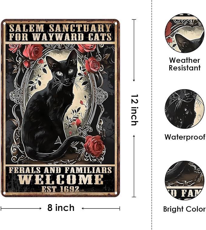 Sanwarm Metal Sign 8X12 Inch, Witch Black Cat Sanctuary Wayward Salem Vintage Tin Sign Wall Art Decor for Home, Living Room, Kitchen, Garden, Bedroom, Office, Hotel, Cafe And Pub Decoration