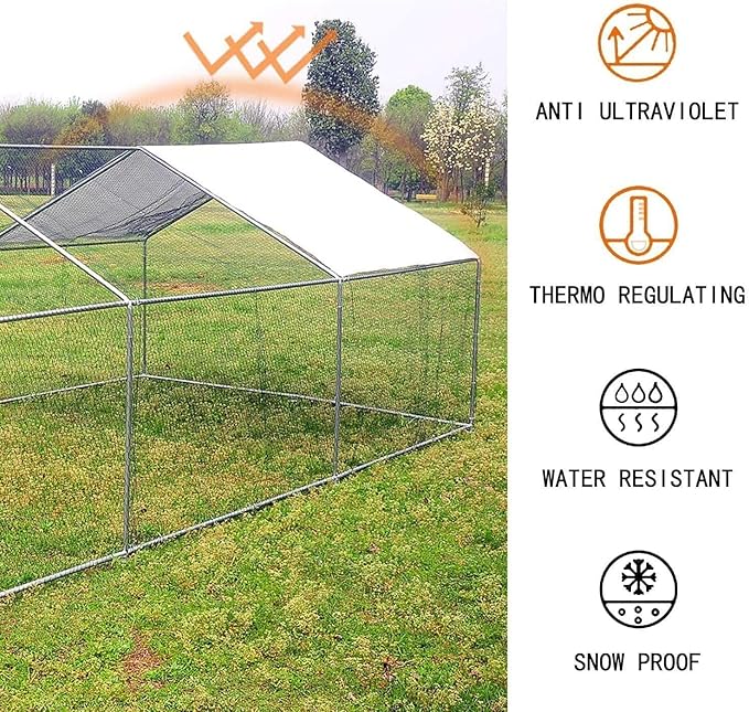 Large Metal Chicken Coop, Walk-in Poultry Cage Galvanized Hen Playpen House with with Water-Resident and Anti-UV Cover, Duck Rabbit House Outdoor, Backyard Farm, 9.8' L x 19.7' W x 6.5' H