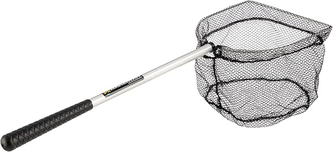 Fly Fishing Net with Handle - Soft Mesh Catch and Release Rubber Fly Fish Net with Lightweight Wood Frame and Safety Lanyard - Landing Bass and Trout Fishing Gear by Wakeman Outdoors