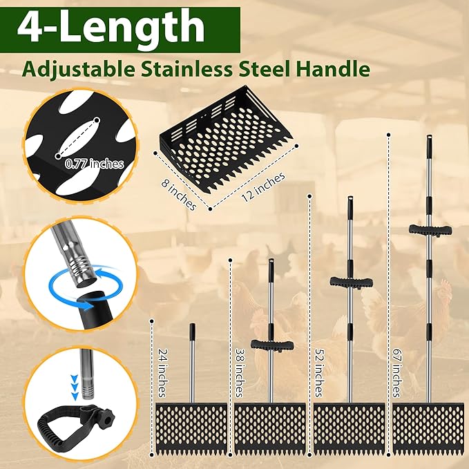 2 in 1 Chicken Poop Scooper & Rake, 12" Chicken Coop Scooper With Ergonomic Grip, Durable Chicken Scooper for Poop With 4 Length Adjustable Stainless Steel Handle(24 to 67") Litter Sifting Shovel