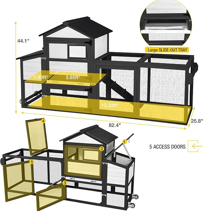 Aivituvin Chicken Coop Expandable Mobile Chicken House for Outdoor with Wheels, Nesting Box, Leakproof Pull-on Tray and UV-Resistant Roof Panel (Black&White)