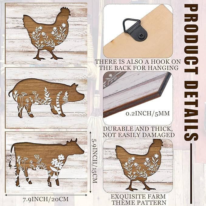 Jetec 3 Pieces Farmhouse Kitchen Signs Cow Rooster and Pig Decors 7.9 x 5.9 Inch Rustic Wooden Signs Country Wall Decorations for Kitchen Wall Ornaments and Home Supplies (Cute Style)