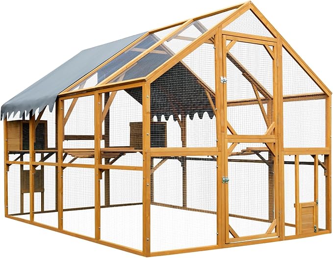 KEIKI 110"L Outdoor Large Chicken Coop with Waterproof Cover, Roosting Platform, Wire Mesh & 2 Lift Small Doors with Locks, Wood Chicken Coop House with Run for Cat Kitten Playpen, Duck, Rabbit, Quail
