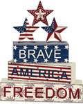Geelin 4 Pieces 4 of July Table Decorations Patriotic Memorial Day Wooden Block Signs Red White Blue Tabletop Centerpieces Farmhouse Independence Day Tiered Tray Decor for Home 250th Anniversary