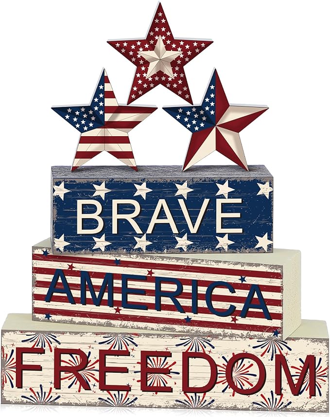 Geelin 4 Pieces 4 of July Table Decorations Patriotic Memorial Day Wooden Block Signs Red White Blue Tabletop Centerpieces Farmhouse Independence Day Tiered Tray Decor for Home 250th Anniversary