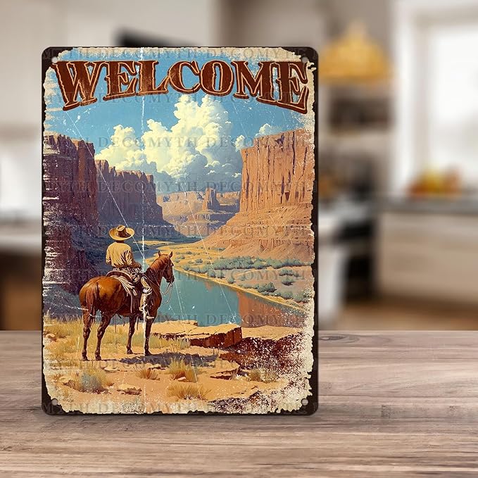 Vintage Cowboy Tin Sign Welcome Retro Wall Decor Nostalgic Art Funny Metal Poster Bedroom Store Cafe Toilet Kitchen Bar Office Living Room Pubs Shop Farmhouse Man cave 12 * 16inch