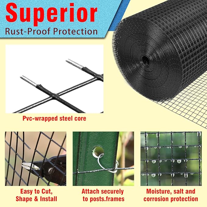 Black Hardware Cloth 1/4inx48inx100ft, 22GA, Chicken Wire Fencing Roll, Black Chicken Wire Mesh, Vinyl PVC Coated Welded Wire Mesh for Chicken Coop Barrier, Rabbit Snake Poultry Fences