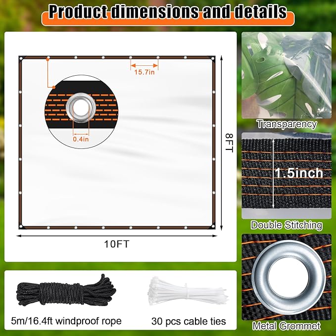 ZYP 2PCS 8x10ft Heavy Duty Clear Waterproof Tarps Outdoor Garden Rainproof Covering,Clear Vinyl Tarp with Grommets,Transparent Waterproof Tarpaulin for Covering Henhouse Porch Canopy Plant Camping