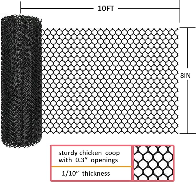 Upgraded Plastic Chicken Wire Fence Mesh(8INx10FT) - Black/Green/White Colors 0.3" Openings,for Garden Net, Poultry Fencing, Chicken Wire Frame,Animal Cage Fence,Floral Netting (Black)