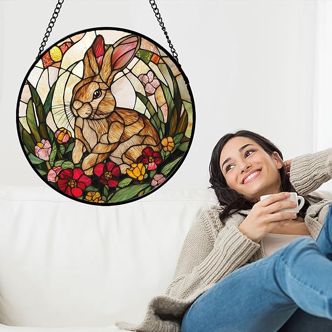 Stained Glass Window Hanging, Cute Bunny Flowers Sun Catcher for Window Door Home Decor, Rabbit Suncatcher Christmas Mother's Day Birthday Gifts for Women Men Mom and Nana 11.8 in