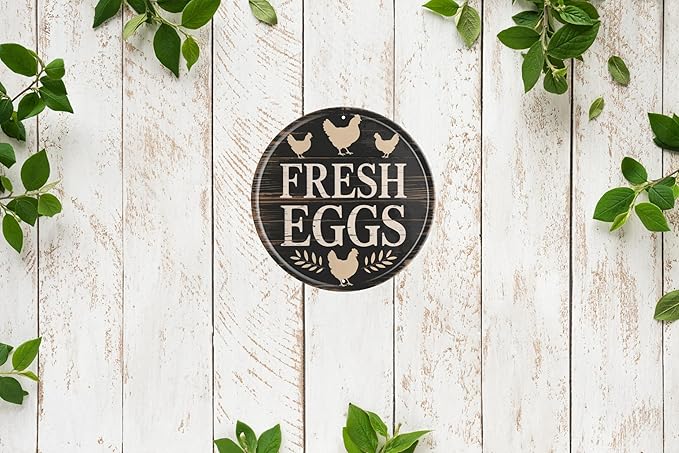 Rustic Farmhouse Metal Sign 8x8 in Round Chicken Coop Decor Vintage Farm Fresh Eggs Wall Art Antique Kitchen & Outdoor Decorative Plaque Chicken Coop Accessories