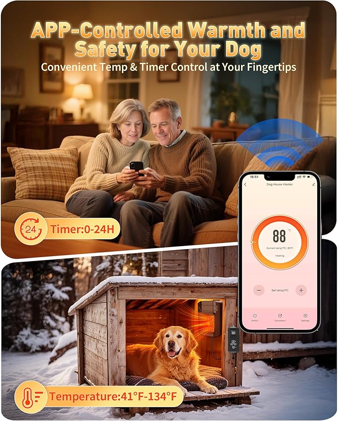 PETNF Dog House Heater with Thermostat APP WIFI Control, 500W Dog House Heaters for Outside Doghouse kennel Chicken Coop, Outdoor Pet House Heater with External Temperature Probe&Adjustable Temp Timer
