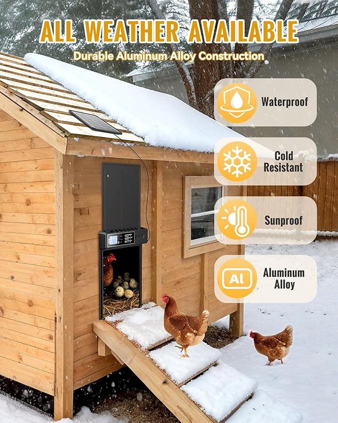 Automatic Chicken Coop Door Solar Powered with XL Large Size 10.8″x 14.2″ Auto Chicken Door Design with USB-C Charging & 3 Modes, Anti-Pinch & Aluminum Alloy Weather Proof-Black