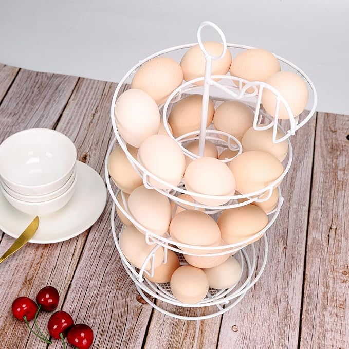 White Spiral Egg Holder Countertop, Metal Egg Skelter, Egg Dispenser Rack with Storage Basket for Countertop, Kitchen