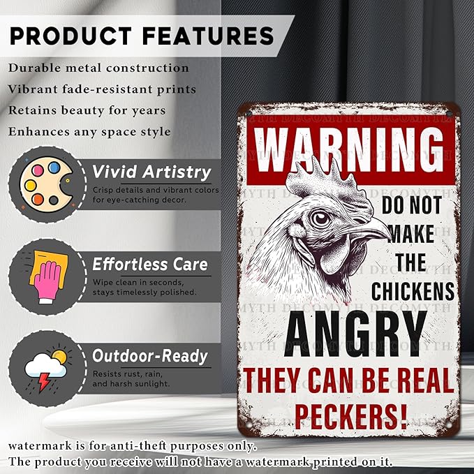 Chicken Coop Vintage Metal Tin Sign Warning Do Not Make The Chickens Angry Funny Outdoor Sign for Farm Wall Decor 12 * 8inch