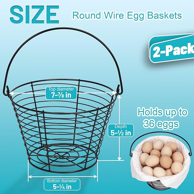 Egg Basket for Collecting & Carrying Chicken Eggs, 2 PCS 8" Wire Egg Basket with Soft Mats, Egg Collecting Baskets, Storagre & Transporting, Black