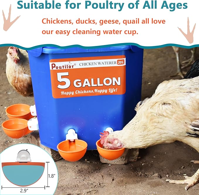 Chicken Feeder No Waste Automatic Poultry Feeder Ports, DIY Chicken Feeder and Waterer Set, 6 Ports and 6 Chicken Water Cups for Buckets, Barrels, Bins, Troughs