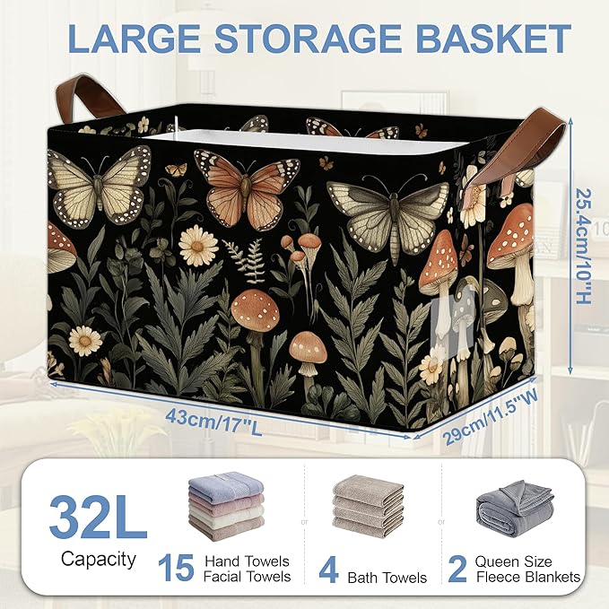 Vintage Mushroom Storage Baskets,Butterfly Plants Foldable Large Capacity Organizer Bins with Waterproof Lining and Leather Handles for Closet,Shelf,Bedroom 17x11.5x10Inch