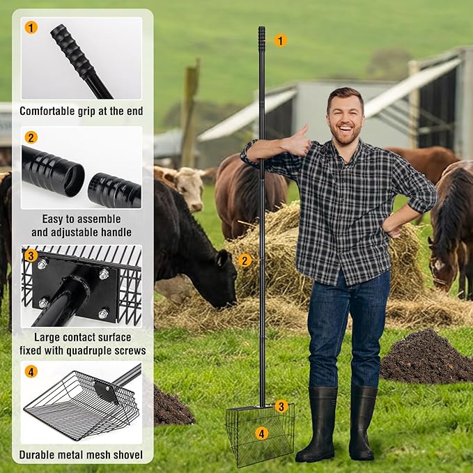 10" & 15" 2pcs Large Horse Manure Chicken Poop Scooper Set: Heavy Duty Carbon Steel Sifter Shovel, Metal Pooper Sifting Scoop for Poultry Run Farm, Chicken Coop Accessories Horse Stall Cleaning Tool