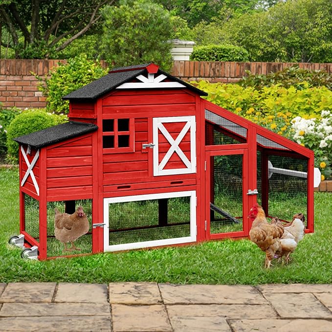 Outdoor Chicken Coop with Run, 2-Story Wooden Hen House with Wheels, Waterproof Roof & Pull-Out Tray for 2-4 Chickens (Red)