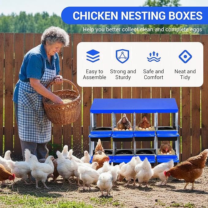 Chicken Nesting Box 8-Hole Roll Away Egg Laying Box with Lid & Stand, Galvanized Steel Rustproof Poultry Coop Box, Easy Clean, Wall Mountable No Bracket Needed for Hens, Blue