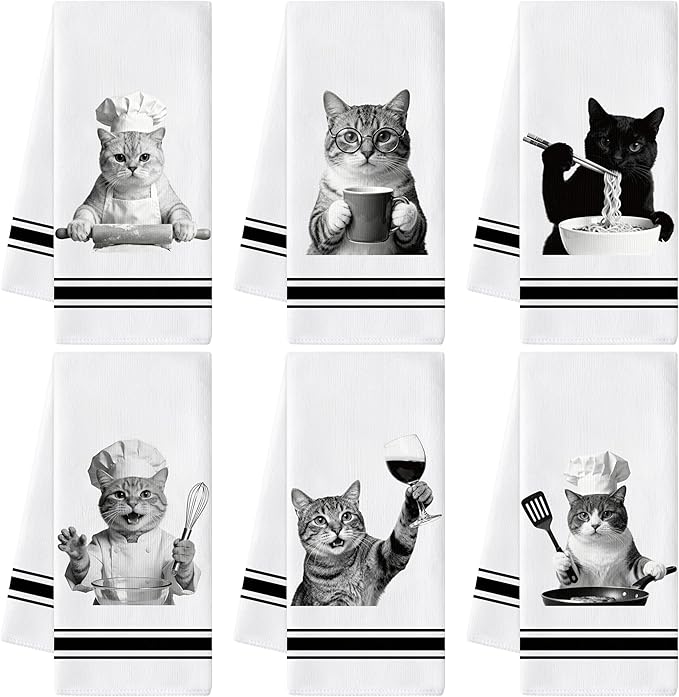 GROBRO7 Cute Cats Hand Towel - 6Pcs Funny Kitchen Kitten Theme Dishcloths Set Polyester Soft Clean Dish Towels Home Dining Table Restaurant Bath Decor Housewarming Gifts for Cat Lovers Hostess Women